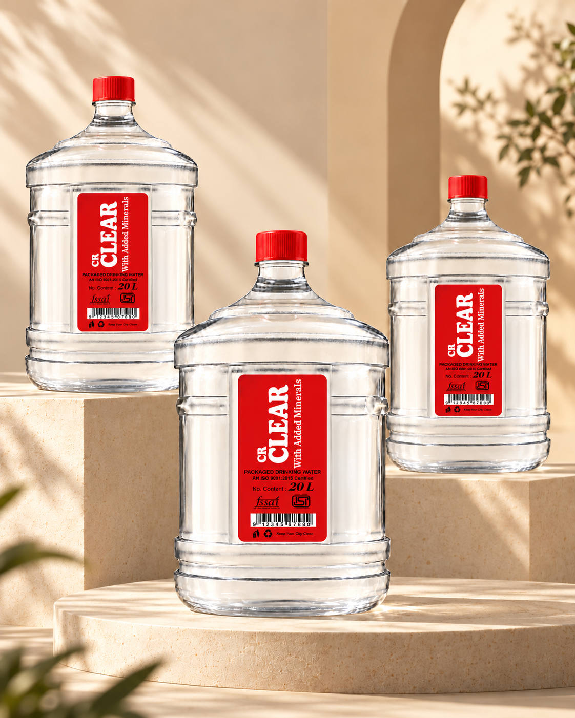 CR clear packaged drinking water jars on architectural pedestals embodying purity, design, and advanced hydration standards
